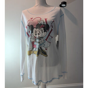 Women's Disney Japan Mickey & Minnie LOVE Shirt XL White Long Sleeve thermal NEW